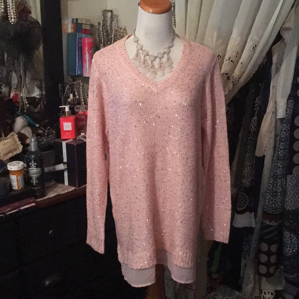 STUNNING PINK SWEATER W/GLITTER & LACE SZ 1X 🌸